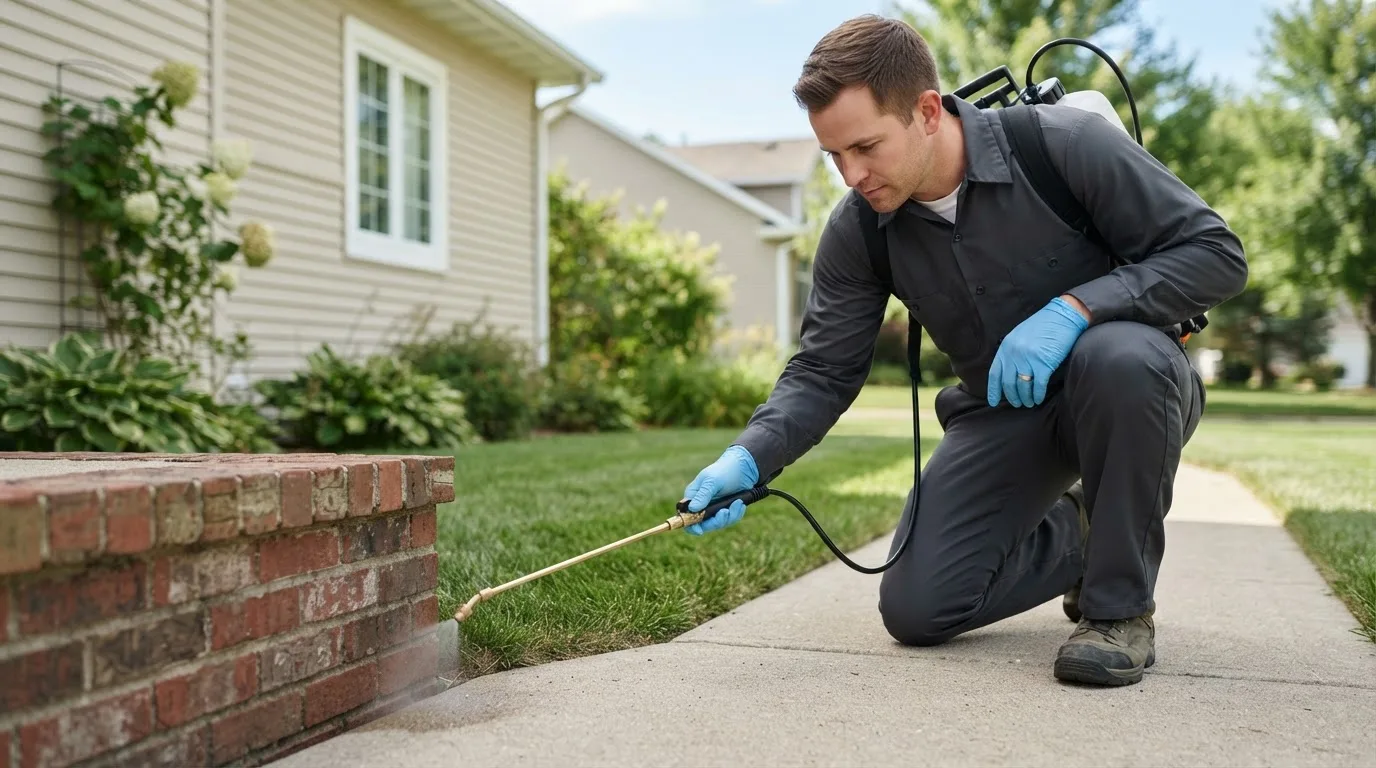 Pest control technician treating a home near Minerva, OH